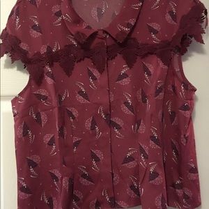 Burgundy Modcloth Leaf Appliqués Shirt XL
